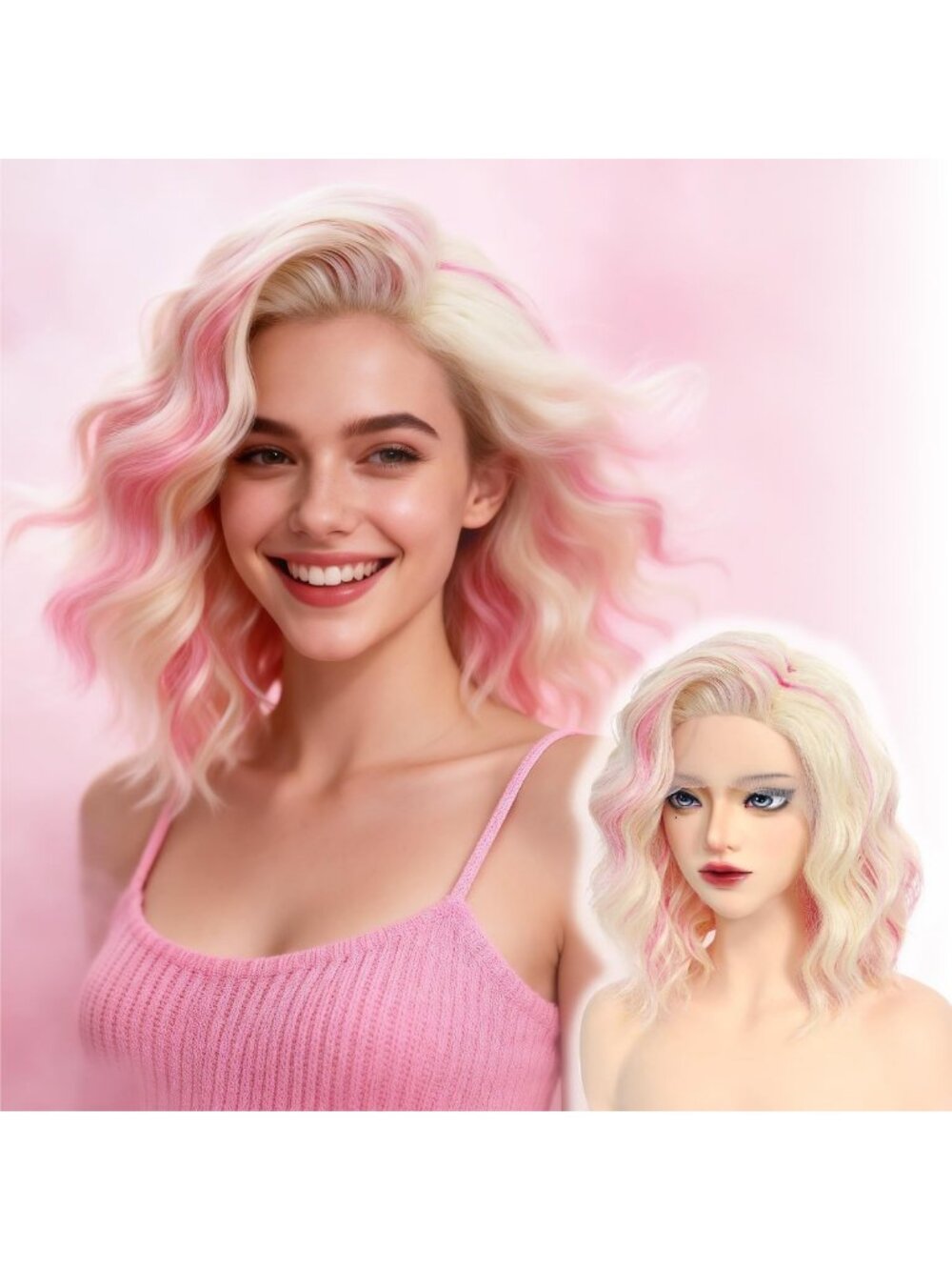 14in Pink Mixed Blonde Wavy Bob Lace Front Wig - 9x1 Free Part Style